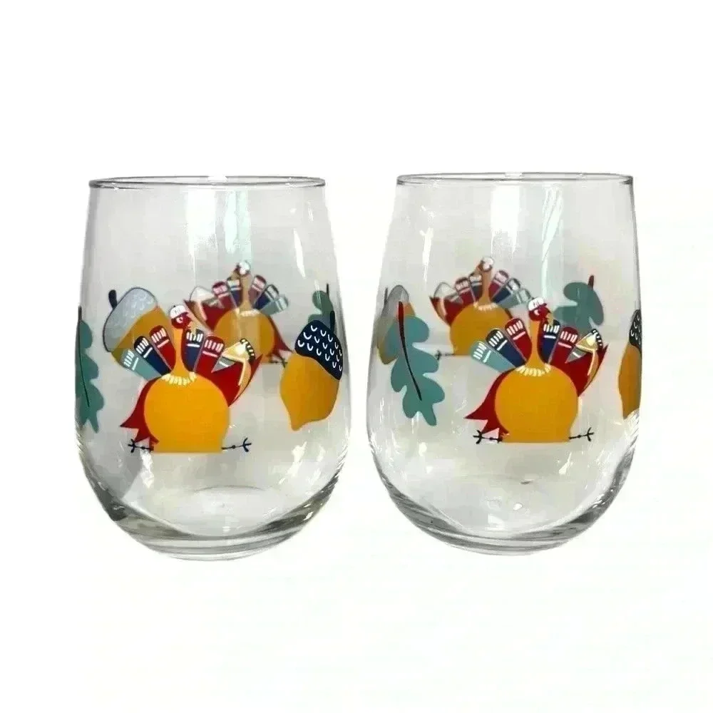 Thanksgiving Fall Stemless Wine Glass Set of Two